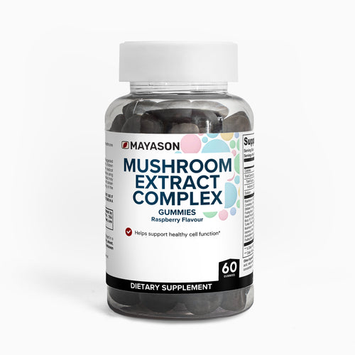 Bottle of Mayason Mushroom Extract Complex gummies on a white background