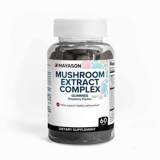 Bottle of Mayason Mushroom Extract Complex gummies on a white background