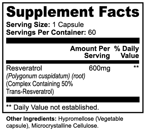 Resveratrol 50% 600mg, Longevity Support for Heart, Brain & Skin Health, 60 Capsules