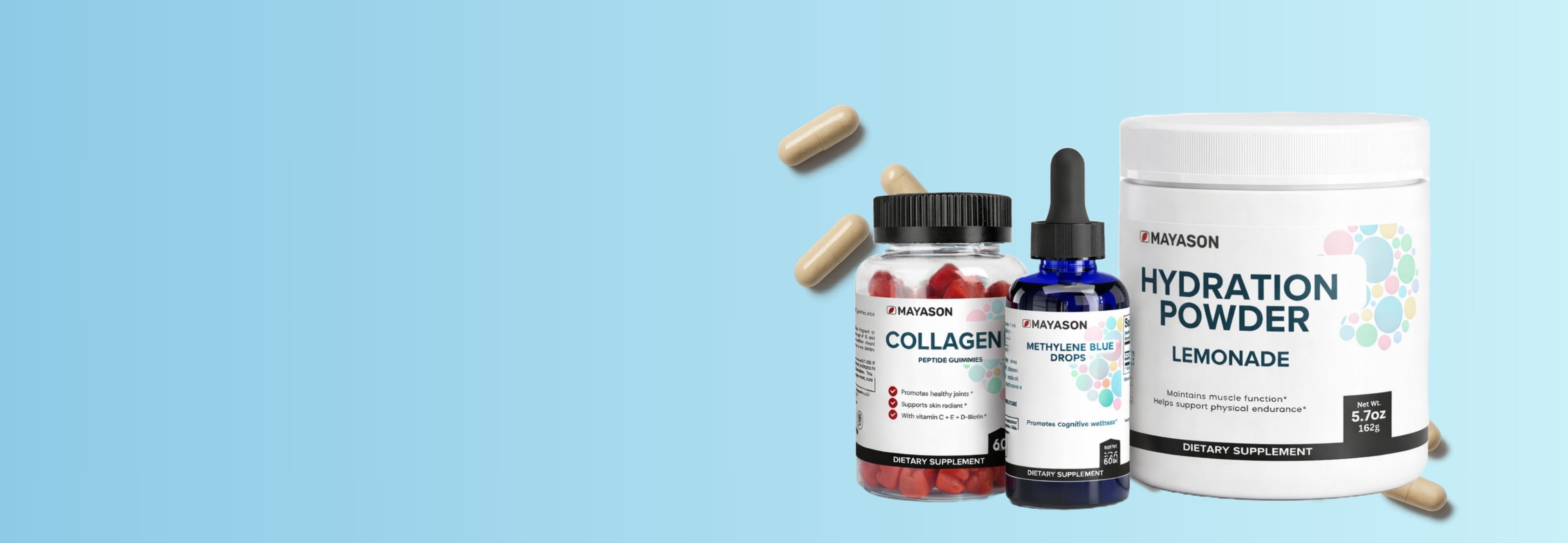 Supplement products including a container of Hydration Powder, a bottle of Collagen, and a dropper bottle on a light blue background.