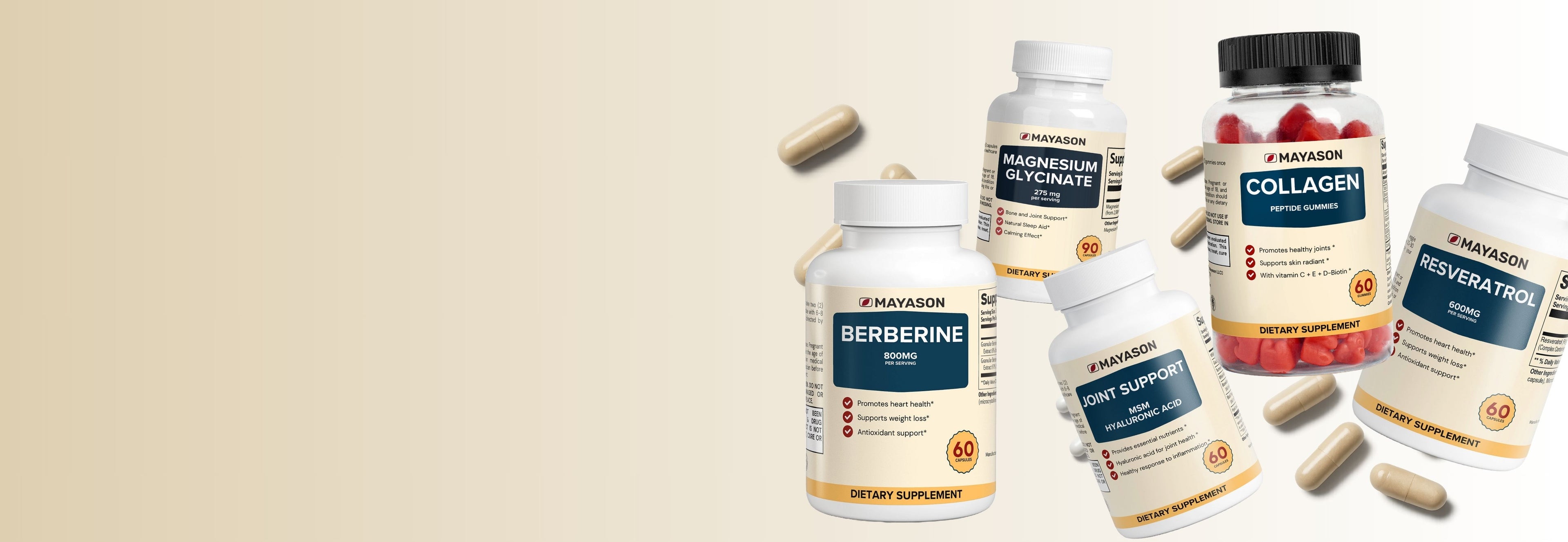 Assorted mayason supplement bottles on a beige background